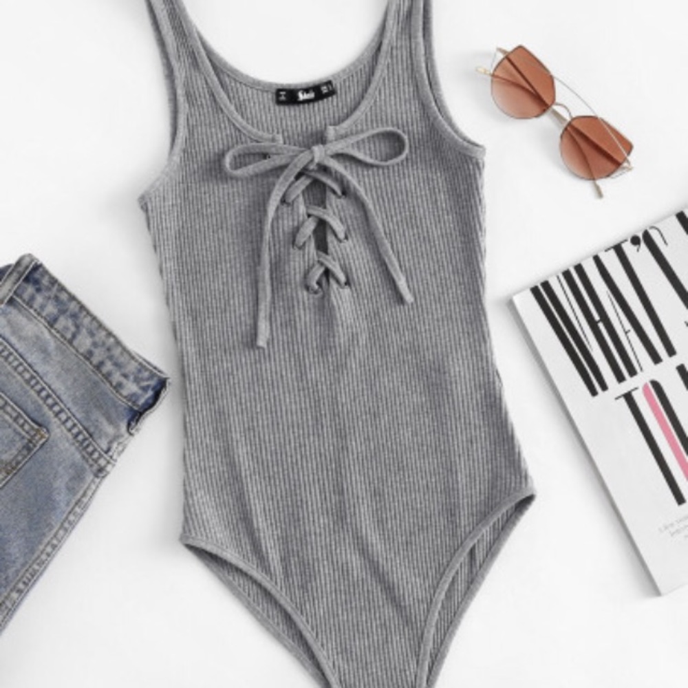 Lace Up Front Rib Knit Heathered Bodysuit